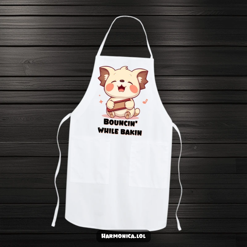 Funny apron: A floppy-eared creature bounces its head rhythmically to a harmonica played by its paws, ideal for a musical chef.