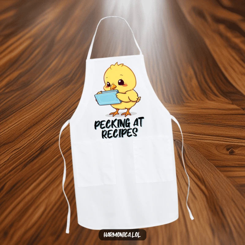 Funny chick harmonica apron depicting a bewildered chick curiously pecking at a harmonica, adding humor to kitchen duties, a practical funny gift.
