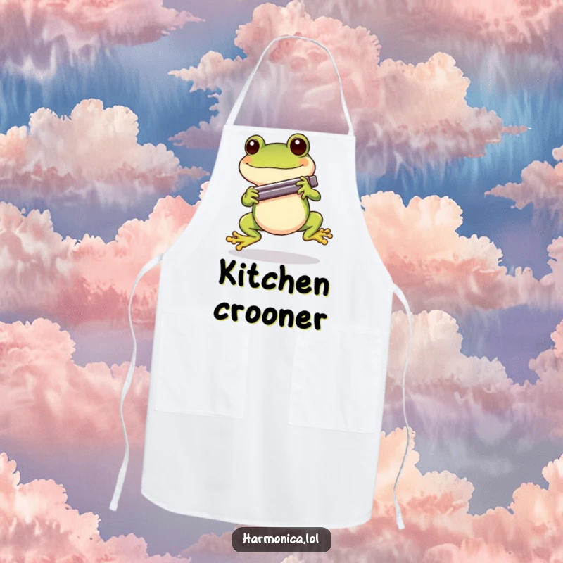 Funny Cheerful Frog Harmonica Apron: A cheerful frog hopping with a harmonica, perfect for a funny and musical cooking experience.