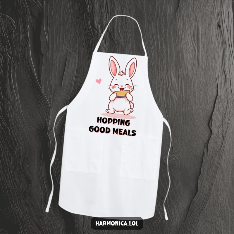 Funny apron featuring a cheerful rabbit hopping and smiling while playing a harmonica, perfect for adding happy tunes to cooking.