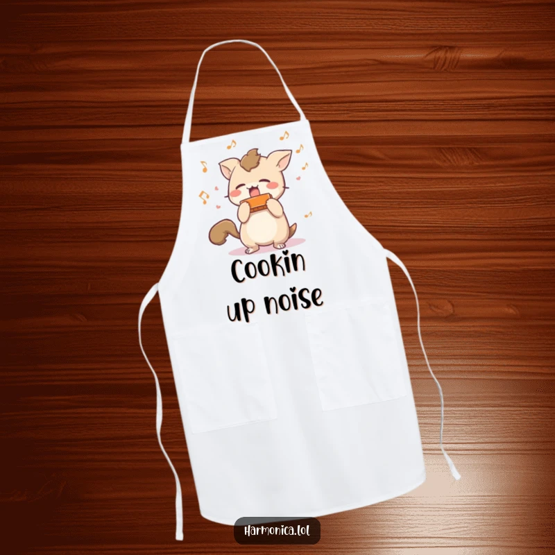 Funny apron: A short-tailed creature energetically shakes a harmonica, with musical notes flying, perfect for a cook who loves fun.