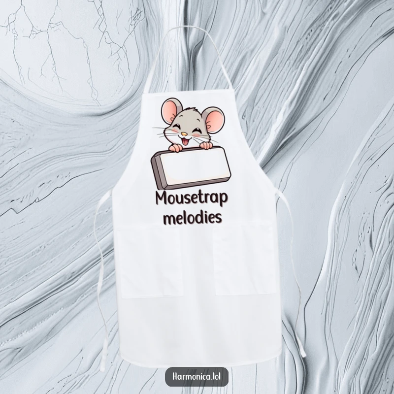 Funny apron featuring a giggling mouse peeking from behind a harmonica, ideal for kitchen fun and protecting clothes.
