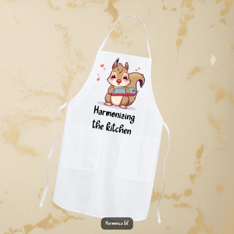 Funny squirrel harmonica apron featuring a musical squirrel, perfect for cooking and baking with a dash of humor, a functional funny gift.