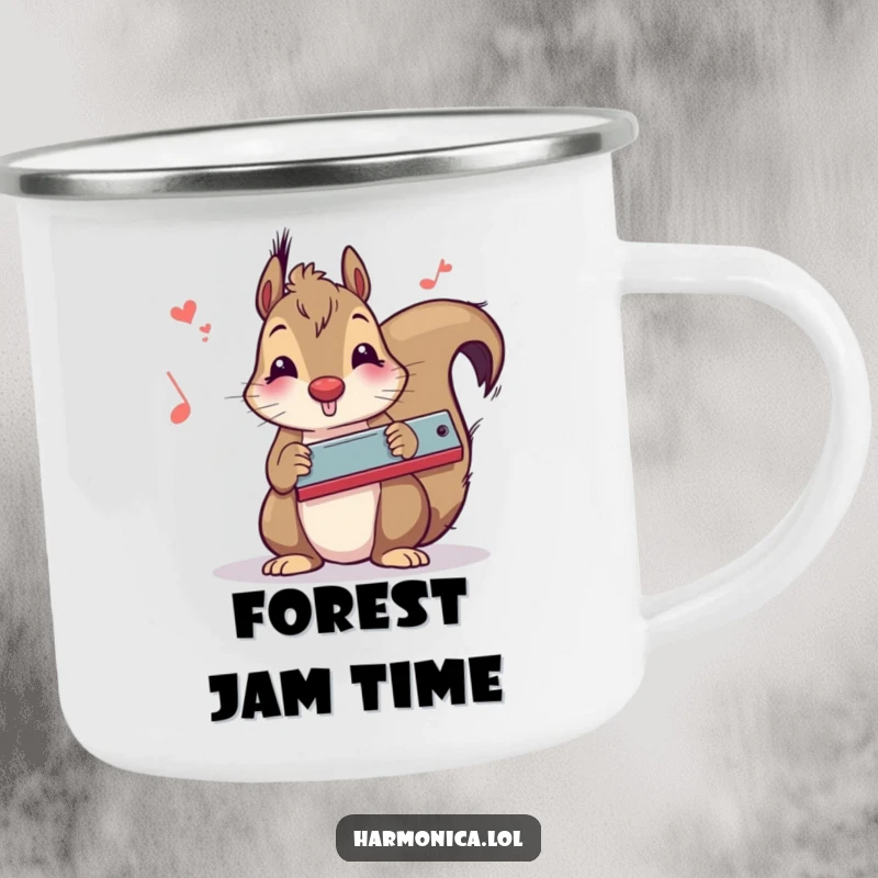 Funny squirrel harmonica camping mug for outdoor enthusiasts, featuring a musical squirrel ready for adventure, a rugged and funny gift.