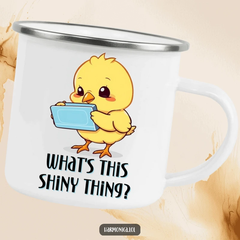 Funny chick harmonica camping mug for adventurers, featuring a bewildered chick exploring a harmonica, offering durability and humor, a wonderful funny gift.