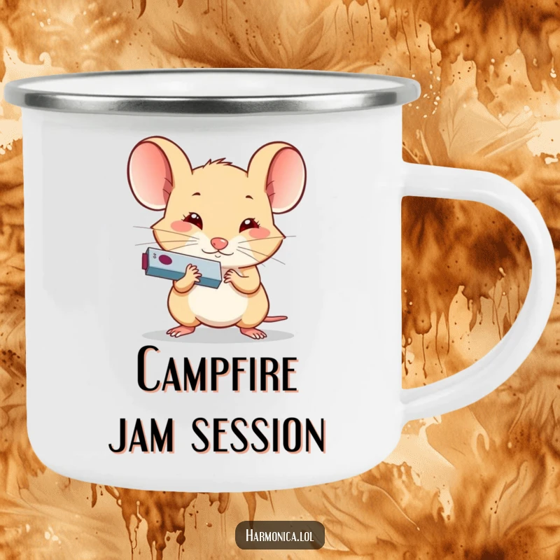 Funny Determined Mouse Harmonica Camping Mug: A determined mouse playing a tiny harmonica, perfect for funny outdoor sips and tunes.