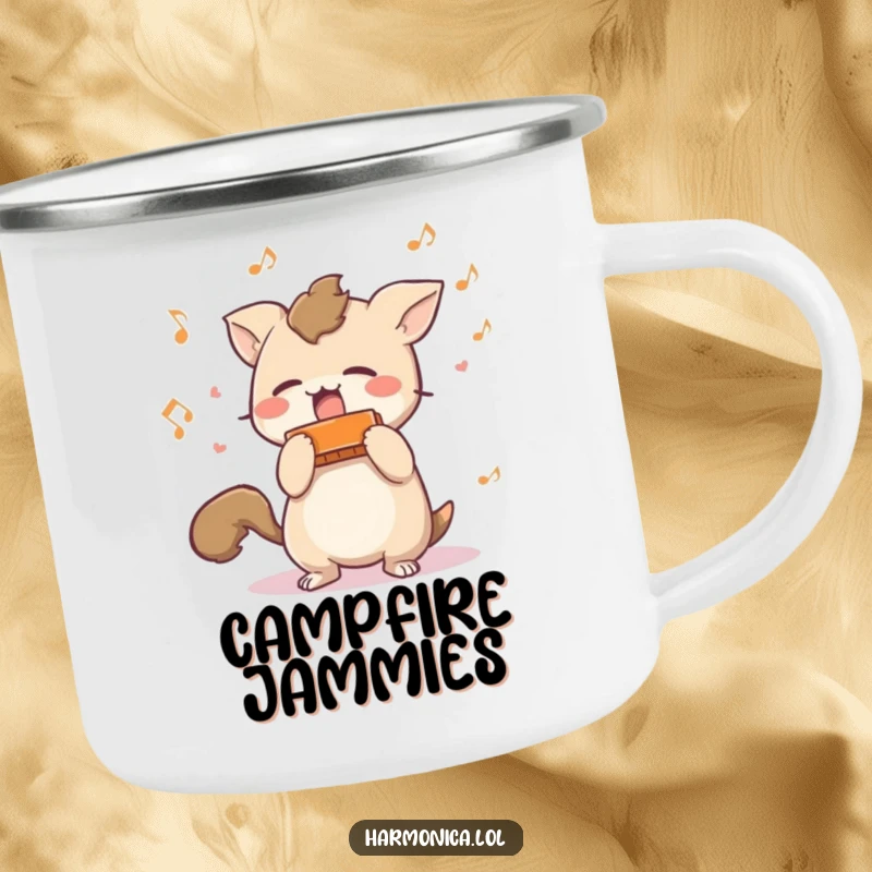 Funny camping mug: A short-tailed creature shaking a harmonica with musical notes, perfect for outdoor adventures and music lovers.