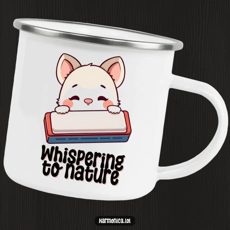 Funny camping mug: A shy creature peeks from behind a harmonica, nose twitching curiously, ideal for outdoor enthusiasts with a playful side.