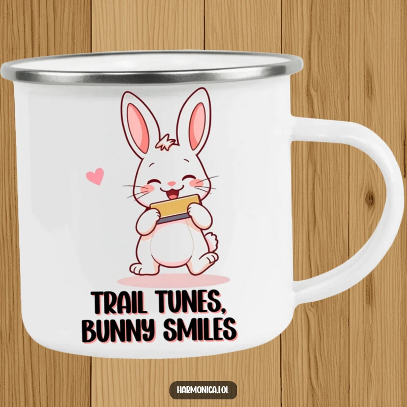 Funny camping mug with a cheerful rabbit hopping and smiling while playing a harmonica, perfect for outdoor drinks and happy tunes.