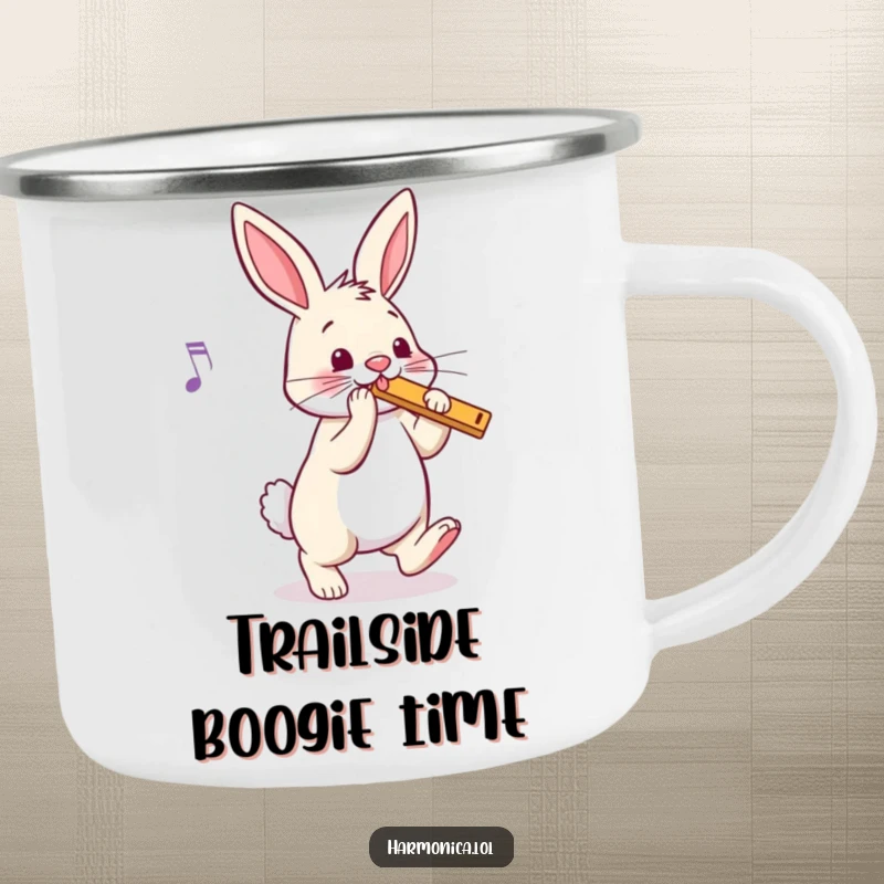 Funny bunny harmonica camping mug for outdoor enthusiasts, featuring a bouncy rabbit tapping its foot to music, offering durability and fun, a wonderful funny gift.