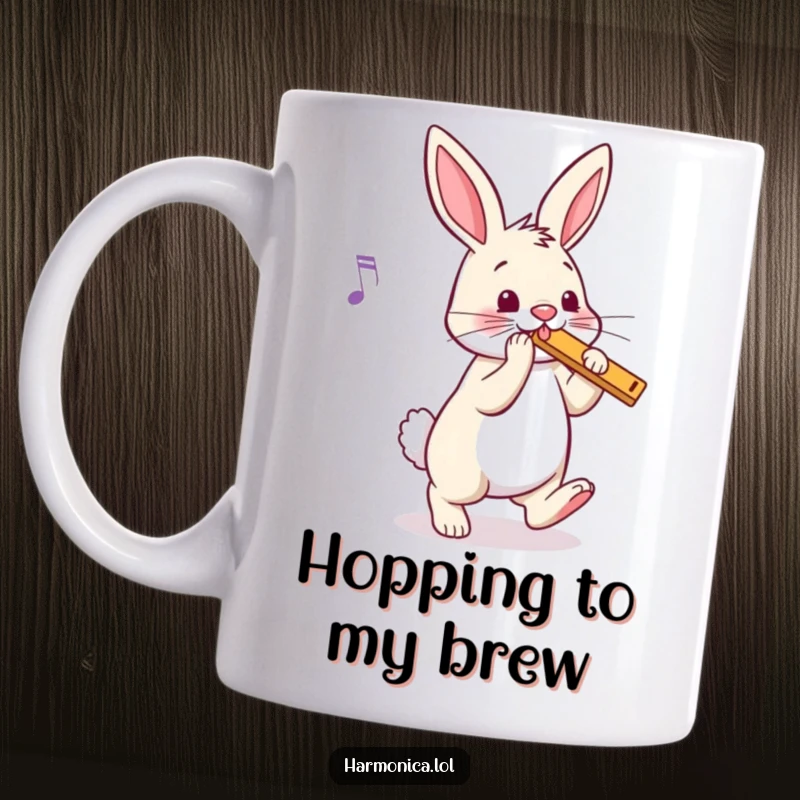 Funny bunny mug with a happy rabbit tapping its foot to harmonica music, ears perked, full of joyful rhythm, a fantastic funny gift.