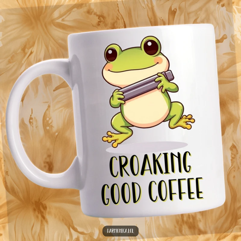 Funny Cheerful Frog Harmonica Mug: A happy frog hopping along, holding a harmonica, embodying pure joy and musical spirit.