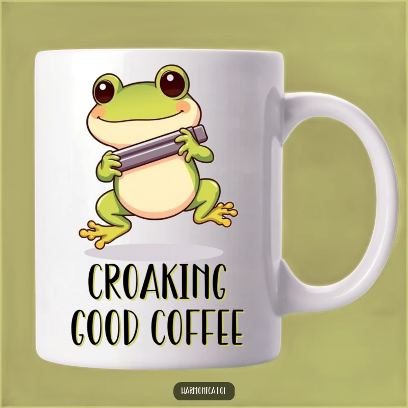 Funny Cheerful Frog Harmonica Mug: Hopping Musician, Fun Art, Perfect Gift