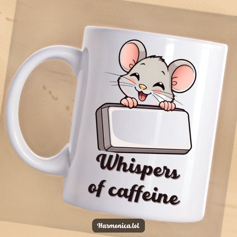 Funny mug with a giggling mouse peeking from behind a harmonica, sharing a musical secret.