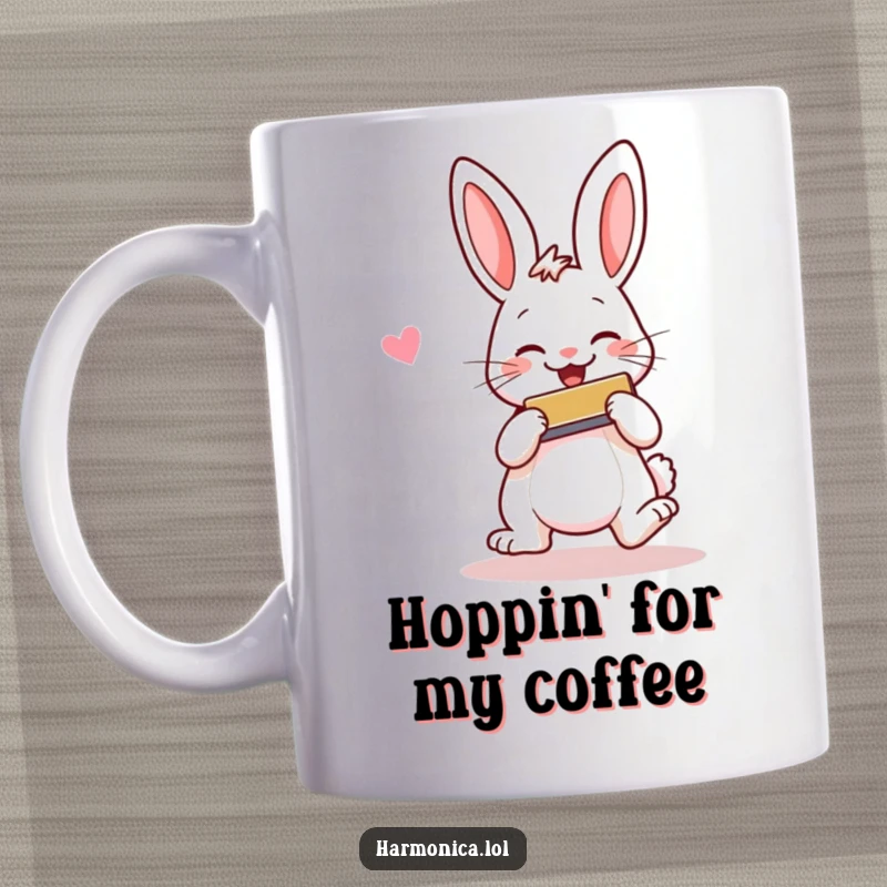 Funny mug of a cheerful rabbit, hopping and smiling widely, enthusiastically playing a harmonica, radiating pure joy.