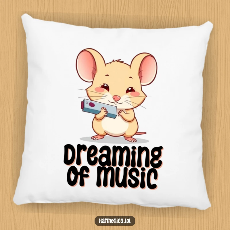 Funny Determined Mouse Harmonica Pillow: A decorative pillow featuring a determined mouse playing a tiny harmonica, blending comfort and humor.