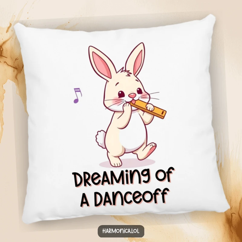 Funny bunny harmonica pillow featuring a bouncy rabbit tapping its foot to music, providing cozy comfort and rhythmic charm, an adorable funny gift.