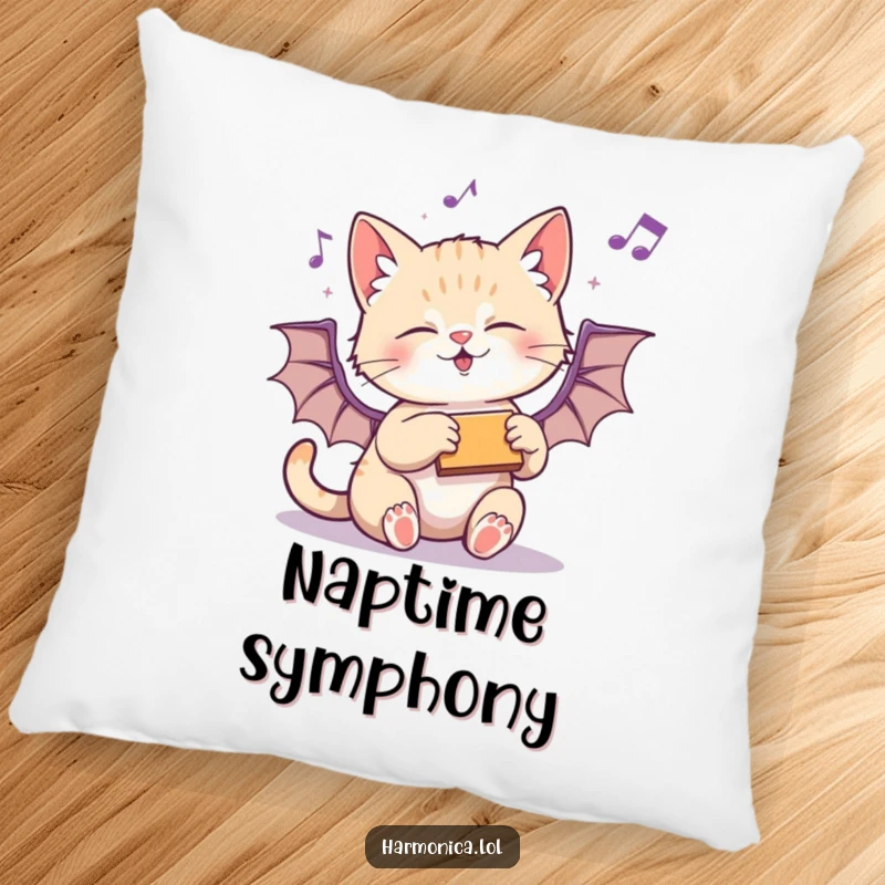 Funny pillow with a playful kitten batting at a harmonica, designed for comfort and a dose of feline musical antics.