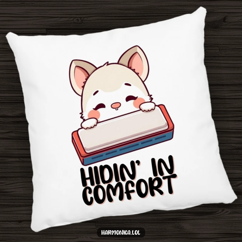 Funny pillow: A shy creature peeks from behind a harmonica, nose twitching curiously, perfect for adding whimsical humor to relaxation.