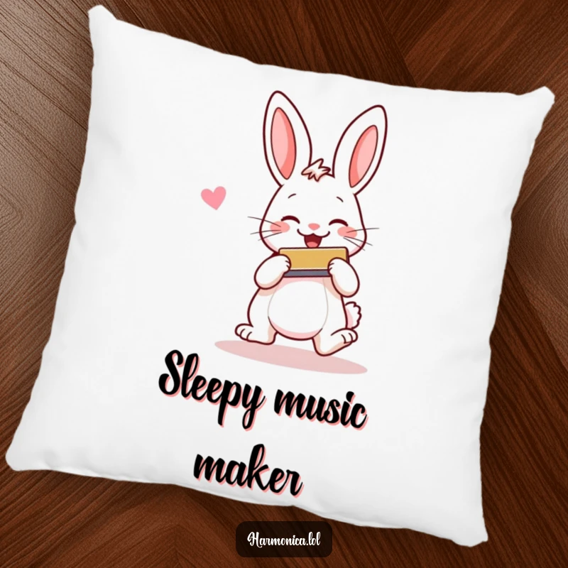 Funny pillow featuring a cheerful rabbit hopping and smiling while playing a harmonica, offering plush comfort and cute joy.