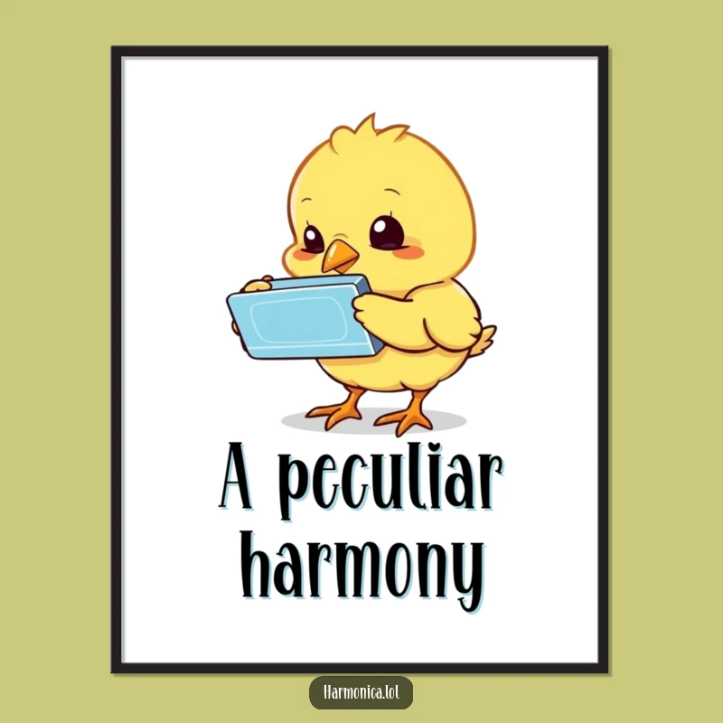 Funny Bewildered Chick Harmonica Digital Print: Instant Cute Confusion for Your Walls, Unique Funny Gift