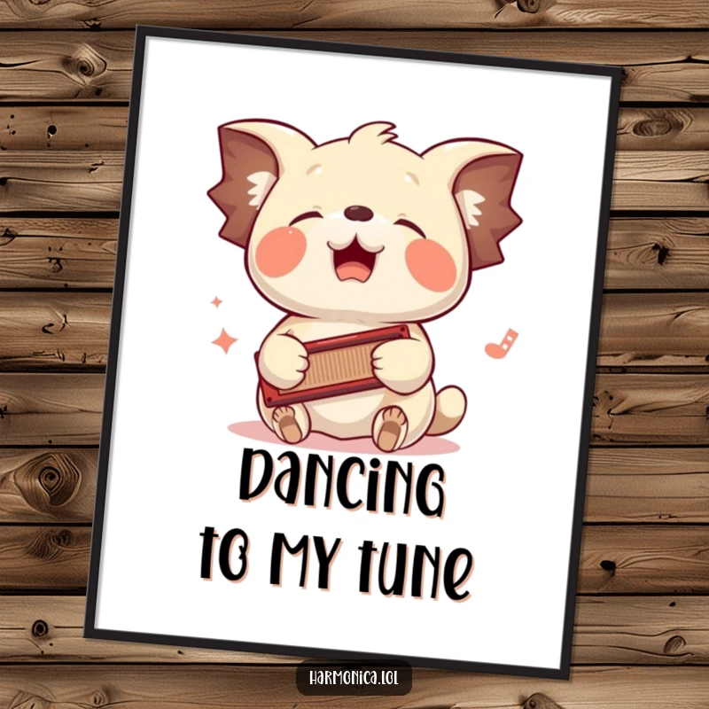 Funny digital art print: A floppy-eared creature bounces its head to a harmonica played with its paws, representing pure musical happiness.