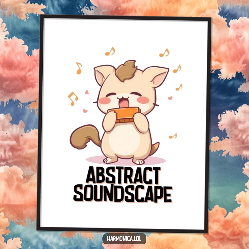 Funny digital art print: A short-tailed creature shaking a harmonica with scattered musical notes, representing pure, uninhibited musical delight.