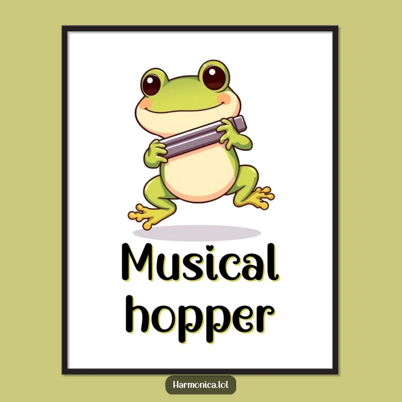 Funny Cheerful Frog Harmonica Digital Art: Hopping Musician, Instant Gift