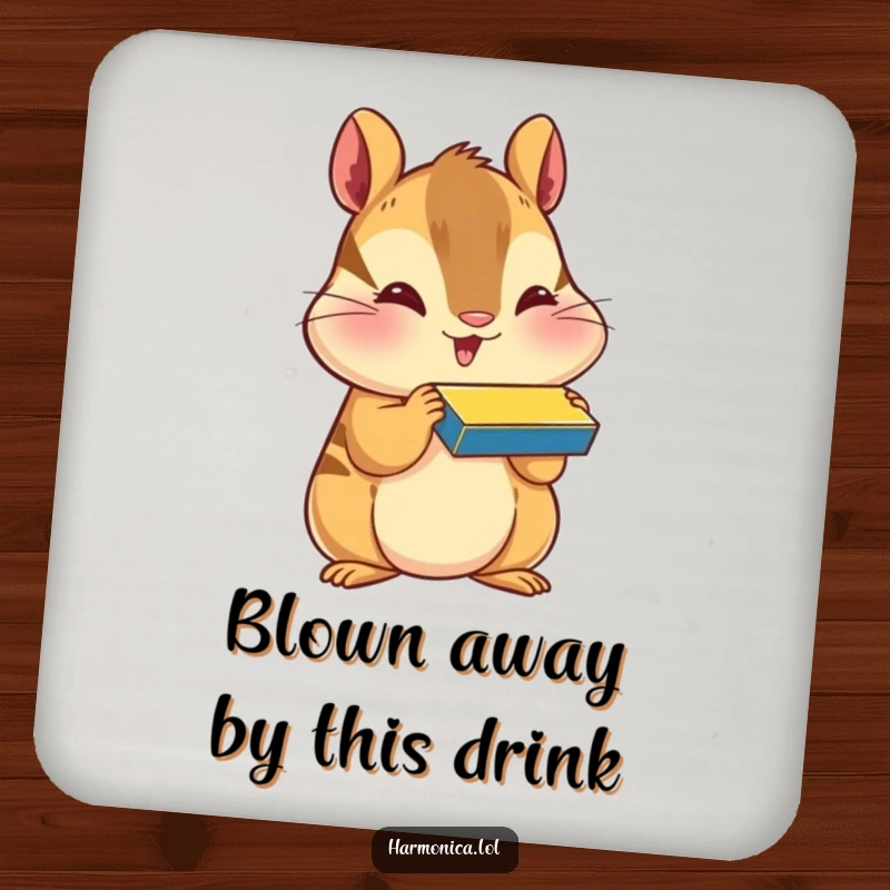 Funny coaster featuring a happy chipmunk with puffed cheeks, playing a harmonica, offering musical charm and surface protection.