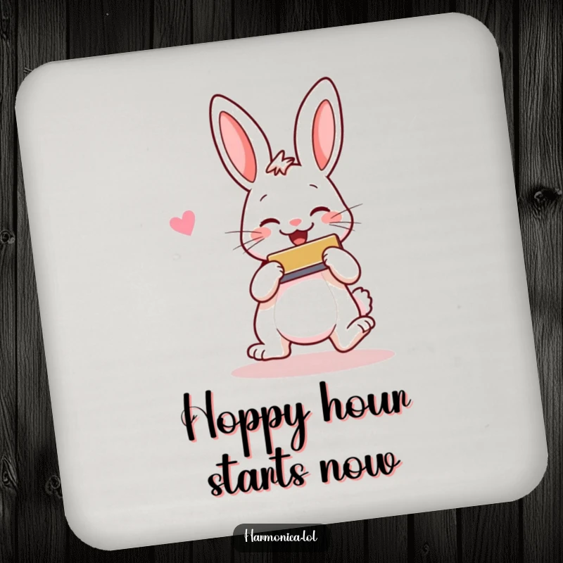 Funny coaster featuring a cheerful rabbit hopping and smiling while playing a harmonica, offering charming protection with a smile.