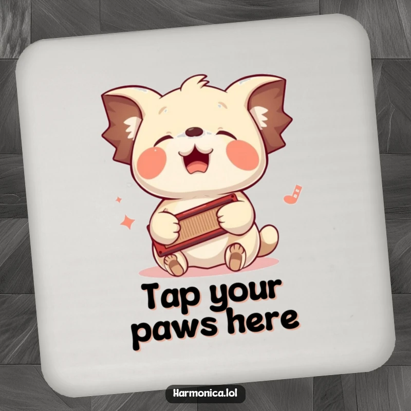 Funny drink coaster: A floppy-eared creature bounces its head to a harmonica played by its paws, adding musical humor to tables.