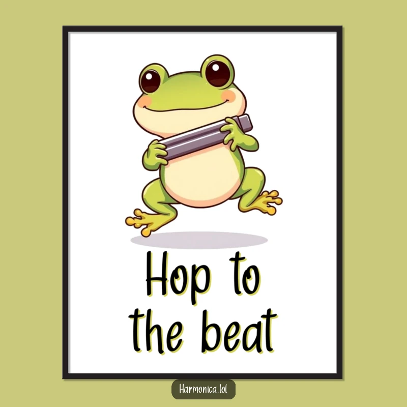 Funny Cheerful Frog Harmonica Poster: Hopping Musician Art, Wall Decor Gift