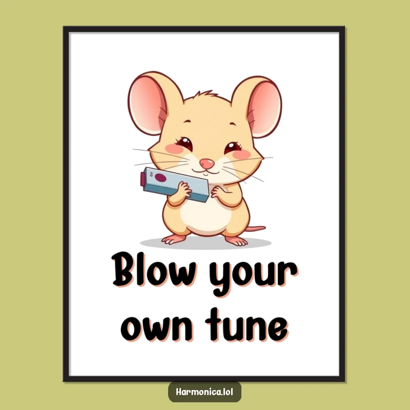 Funny Determined Mouse Harmonica Poster: Tiny Musician Art, Wall Decor Gift