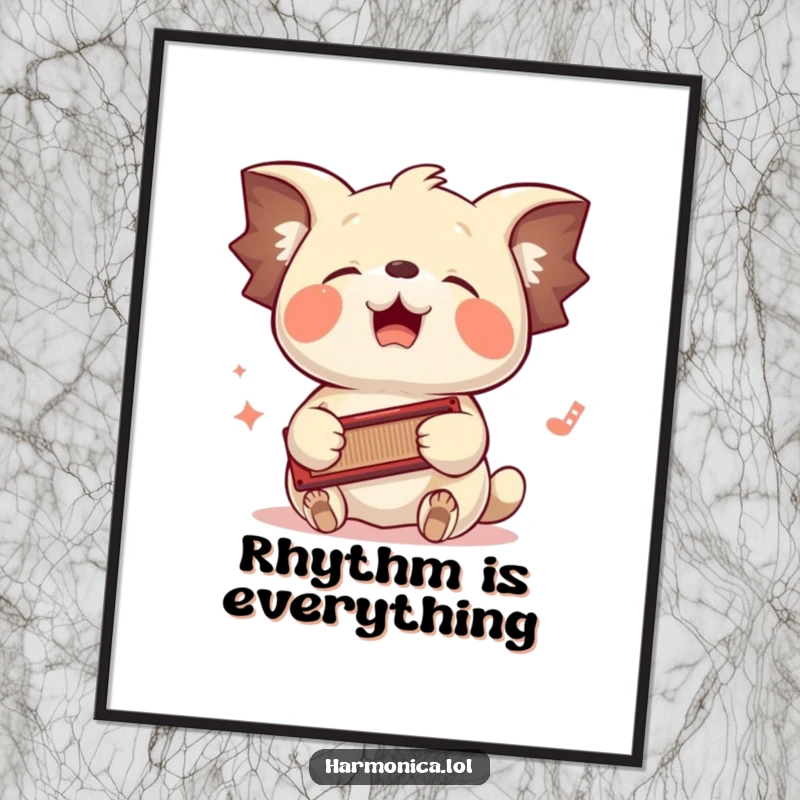 Funny poster: Floppy-eared creature bounces its head to a harmonica tune played by its paws, creating a lively and humorous musical scene.