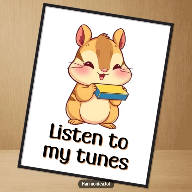 Funny poster of a happy chipmunk with puffed cheeks, blowing a harmonica, adding whimsical musical art to any space.