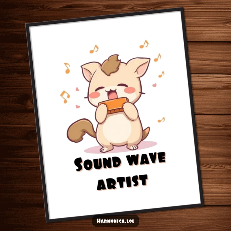 Funny poster: A short-tailed creature enthusiastically shaking a harmonica with musical notes flying, creating a scene of pure, unadulterated musical bliss.