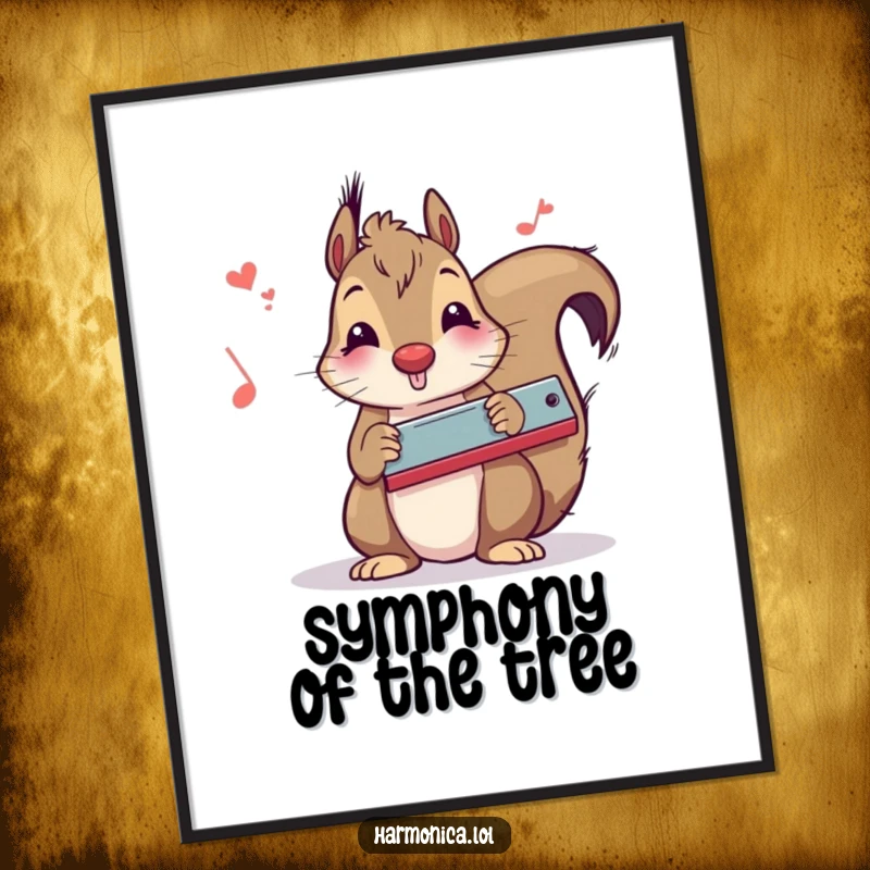 Funny squirrel poster featuring a squirrel playing harmonica, creating a lively and humorous musical scene for any room's decor.