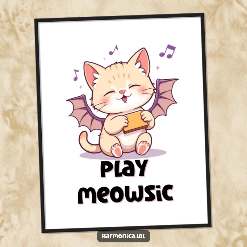 Funny poster art of a playful kitten batting at a harmonica, with musical notes dancing in the air.