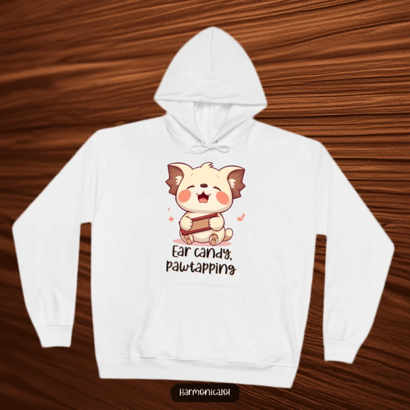 Funny hoodie: A creature with floppy ears bounces its head energetically while playing a harmonica held in its paws, showcasing pure musical enjoyment.