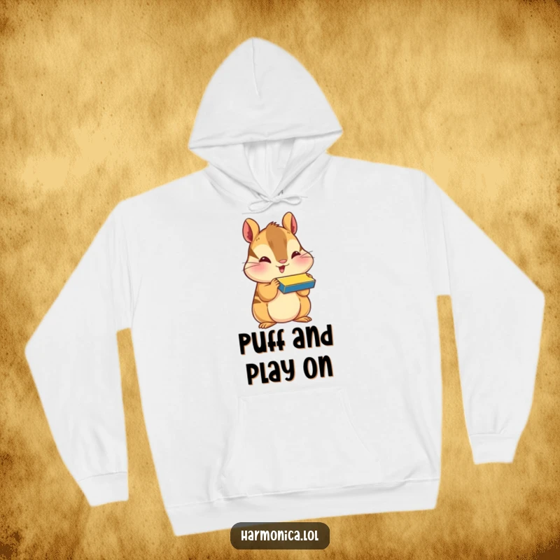 Funny hoodie depicting a happy chipmunk with puffed cheeks, playing a harmonica, perfect for cozy musical enjoyment.