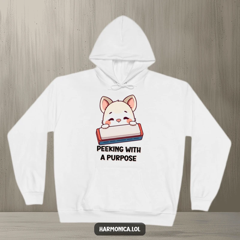 Funny hoodie: A shy creature playfully peeks from behind a harmonica, nose twitching with curiosity, creating a warm and funny scene.