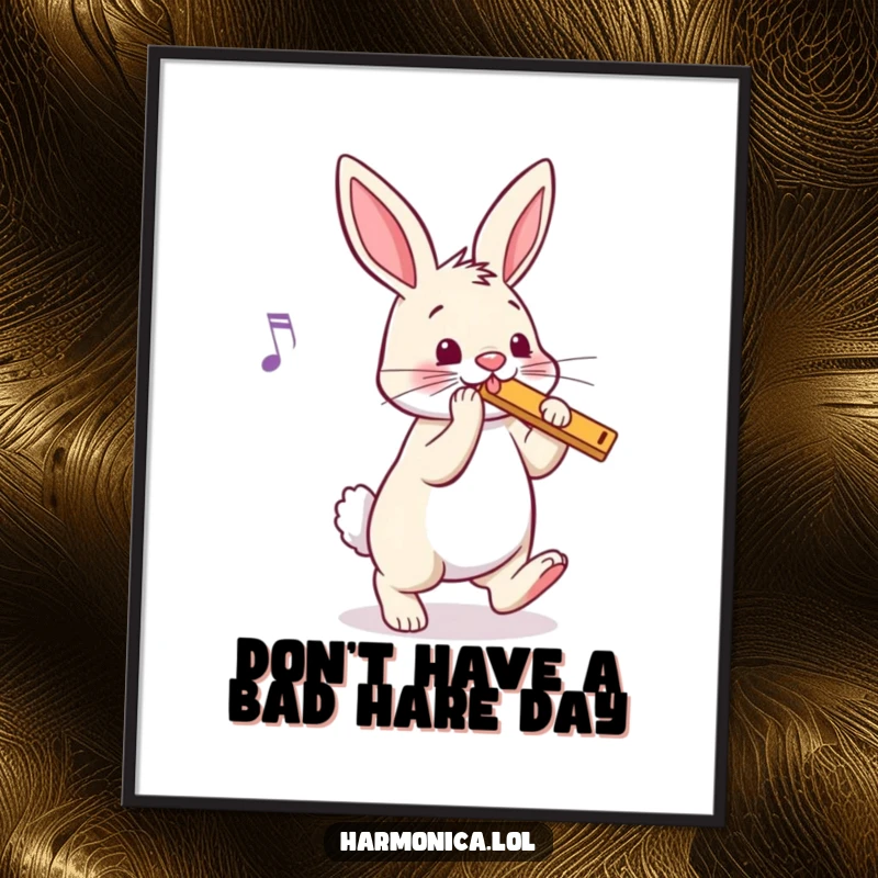 Funny Free Printable Wall Art: A happy bunny taps its foot with enthusiasm, ears perked up to a playful harmonica melody.
