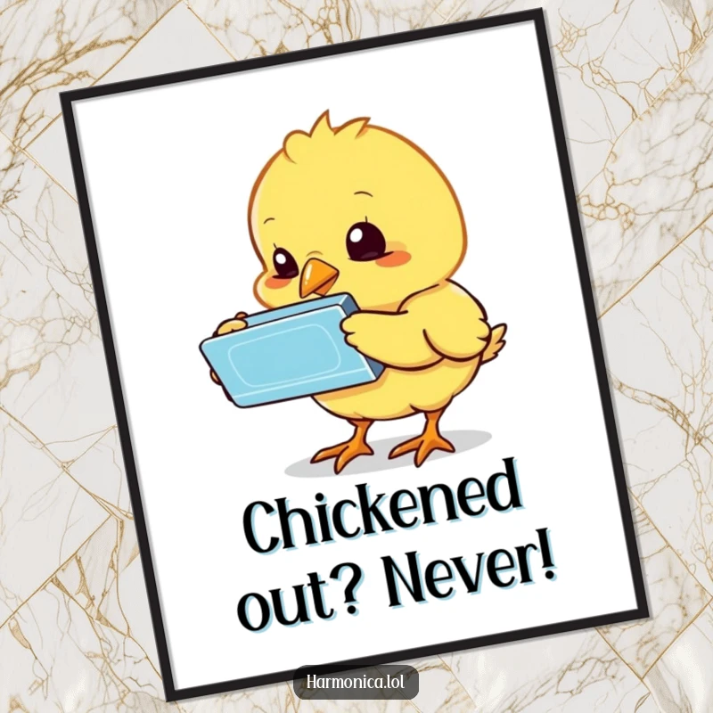 Funny Free Printable Wall Art: A curious chick pecks at a shiny harmonica, its expression one of pure bewilderment.