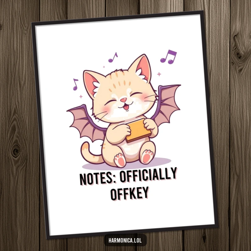 Funny Free Printable Wall Art: Playful kitten mid-bat at a harmonica, scattering musical notes in a fun, energetic, cartoonish style.