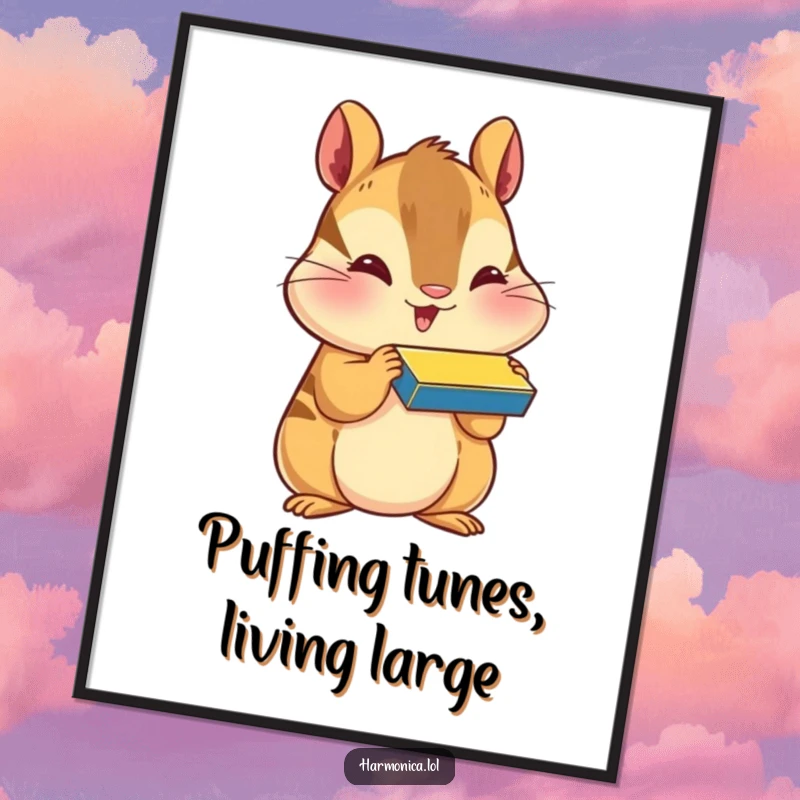 Funny Free Printable Wall Art: A happy chipmunk with puffed cheeks plays a harmonica, creating a cheerful and whimsical vibe.