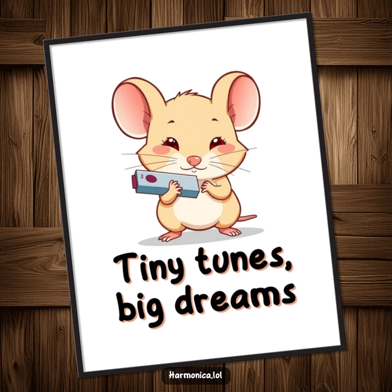 Funny Free Printable Wall Art: A small mouse intensely playing a tiny harmonica, creating a delightful musical scene.