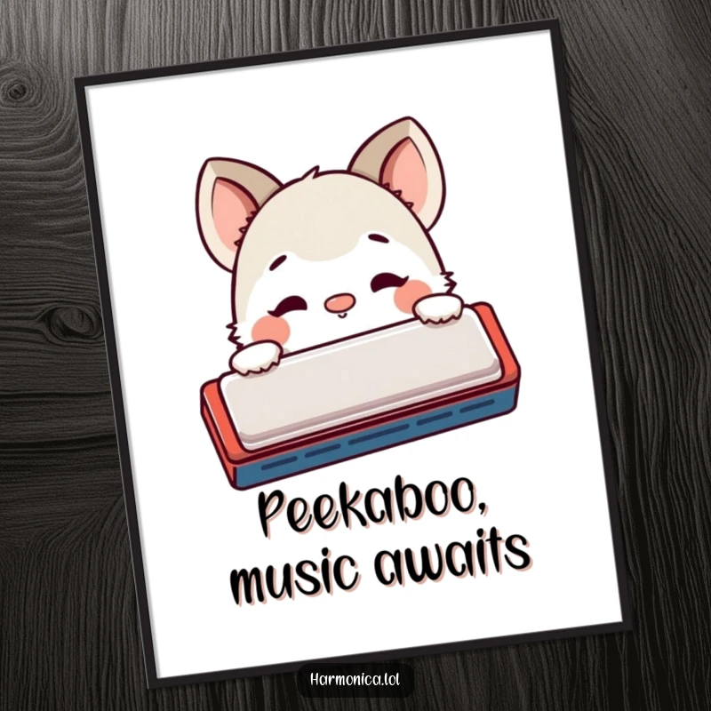 Funny Free Printable Wall Art: Shy creature peeking cautiously from behind a harmonica, nose twitching with playful curiosity.