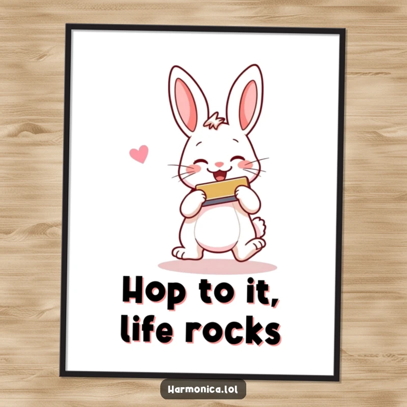 Funny Free Printable Wall Art: A cheerful rabbit hops, playing a harmonica with a smile, exuding joy and musicality.