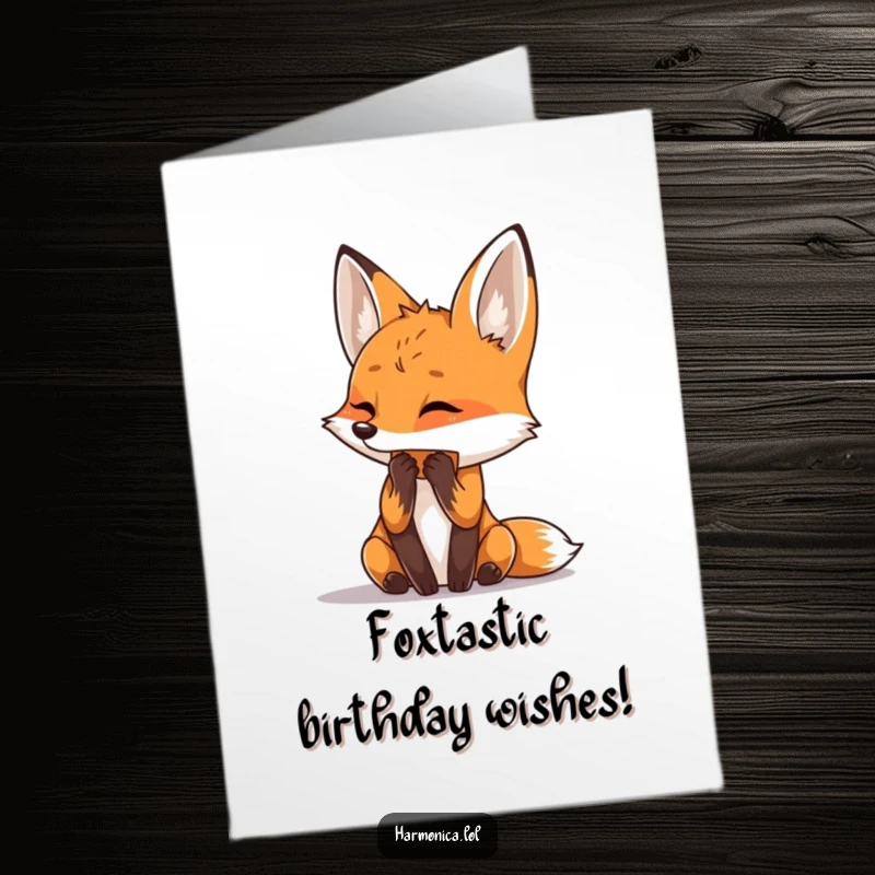 Funny Free Printable Birthday Card: Curious fox tilting head, playing harmonica like a musical maestro, ready to party.