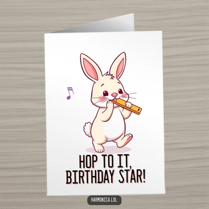 Funny Free Printable Birthday Card: A happy bunny bounces and taps its foot, clearly enjoying a harmonica's beat.